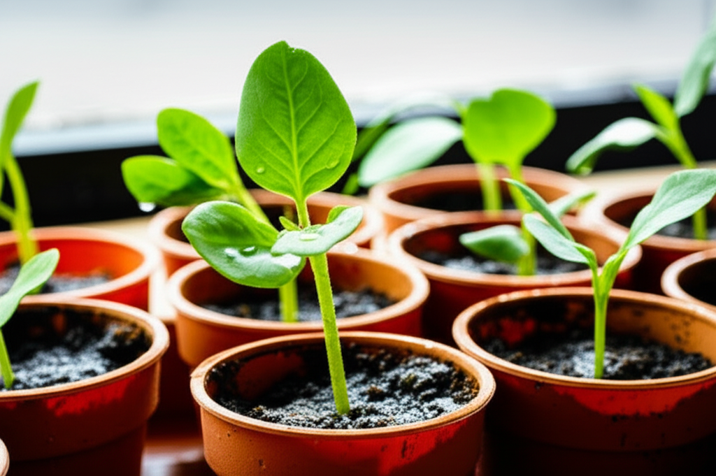 Seedlings growing in pots
